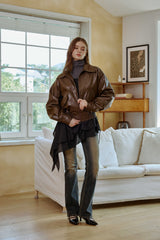 PAMELA LEATHER BOMBER JACKET / BROWN