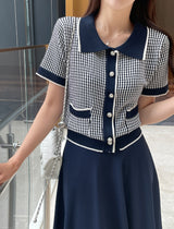 Carson Collar Color Matching Check Knit Cardigan