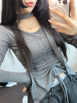 SCARF SET🧸SHRING RUFFLE SLICK POINT SLIM LONG SLEEVE T SHIRT 🧸🤍🖤🩶3COLOR