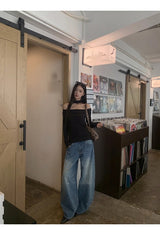 Strap Off-Shoulder Black Chain Long Sleeve Tee