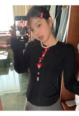 Red bow slit long-sleeved knit shirt