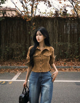 [BELLIDE MADE] Nuts, suede pintack semi-cropped blouse