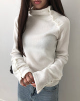 Renin Button High-Neck Hooded Ribbed Long-Sleeve Knit