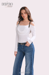 Tul off-shoulder frill long-sleeve tee 