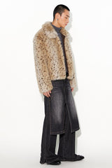 Short fur coat with animal print lapels and a standing collar