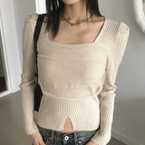 Coil Chiffon Layered Square Neck Slit V-Neck Knitwear