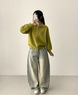 ムードグラディエントウォッシングサイドインシジョンワイドデニムパンツ