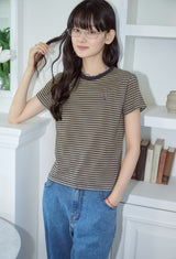 26SS★ Falling Cat Stripe Crop Short Sleeve Tee