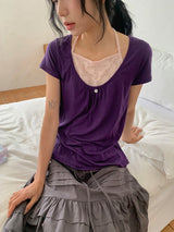 Hiwaku Flower Sleeveless Layered Shirring Short Sleeve Tee