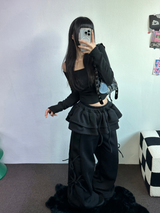 FLEECE PICKABLE❤RIBBON CANCAN BOOTSCUT WIDE 2 STYTLE PANTS🖤🩶🤎💛5COLOR