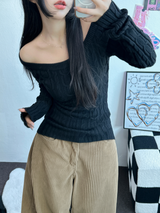 OFF SHOULDER TWISTED SLIN LONG KNIT 🩶🤍🖤3COLOR