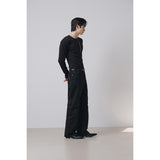Leather ribbed henry neck long sleeves(Black)