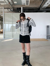 Stand Collar Stripe Long Sleeve Zip-Up