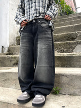 Tory dark blue washing semi-wide denim pants
