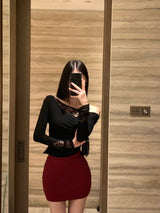 Lace fitted long-sleeved top (2colors)