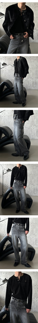 [S-XL] All brush carpender patch denim pants