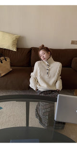 high-neck button bold ribbed loose fit knitwear