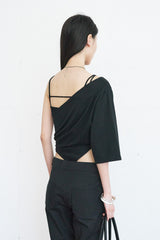 One-Shoulder Button Drape Top (Black)