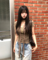 [Scarf SET] Mocha Lace Ribbed Short Sleeve Set