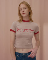 トリプルリボンリンガーTシャツ-BEIGE