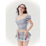 [GirlyFancyClub] Music Festival Outfit Plaid Short Top and Skirt Two-Piece Set Girl Group Style Sweet and Spicy Set