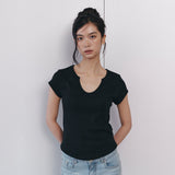 C 90S LINE SLIT NECK HALF-SLEEVE T-SHIRT_BLACK