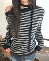 Ked Stripe Off-Shoulder Long-Sleeve Knit