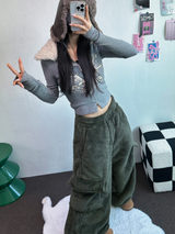 FUR🤎🧸CROPPED HALF PRINTING JUMPER ZIP UP🩶🖤2COLOR