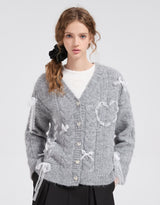 Dearlin Lace Oversized V-Neck Knit Cardigan Gray