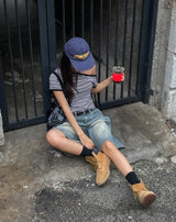 Side pin tuck washed bermuda denim pants
