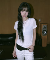 Untitled Numbering Layered Henley Neck Crop Short Sleeve White