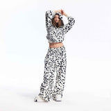 Black White Dalmatian Print Wide Leg Sweatpants Cotton Blend Casual Pants, Unisex
