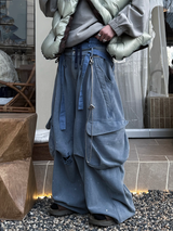 RELABEL (RE-MAKE) Double-Waist, Splashed-Ink, Washed, Distressed Ice-Blue Cargo Sweatpants