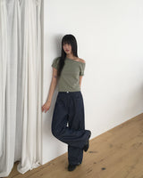 ダッドサイドピンタックスナップボタンワイドロングデニムパンツ
