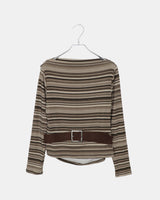 Bomin Off-Shoulder Shirring Stripe Long-Sleeve T-Shirt