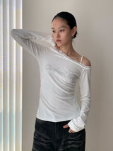 ビーズレタリングレースアンバランスショルダーロングスリーブTシャツ