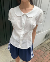 ZENNIE Round Collar Pintuck Lace Puffed Short-Sleeved Blouse