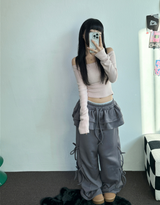 FLEECE PICKABLE❤RIBBON CANCAN BOOTSCUT WIDE 2 STYTLE PANTS🖤🩶🤎💛5COLOR