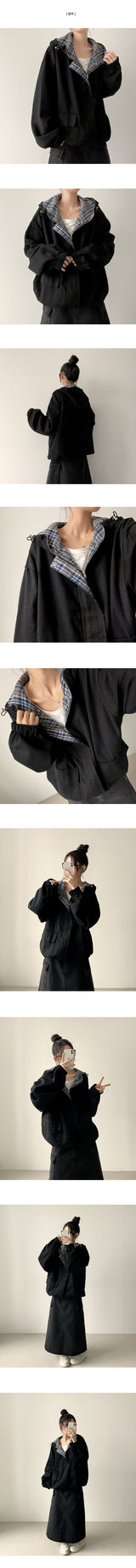 Cumin check color lining cotton boxy hoodie jumper