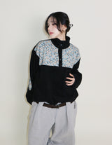 Femme Flower Pattern Quilted Fleece Long Sleeve T-Shirt (Button Detail)