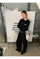 Bow Line Round Long Sleeve Knit T-shirt