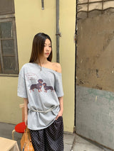 UI ドッグオフショルダーオーバーサイズフィットスリーブTシャツ