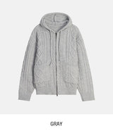 [wool30%] ウッズケーブル ツーウェイニット フード付きジップアップ