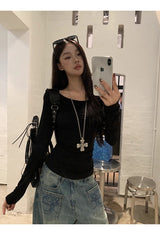 Backless lace point black long-sleeved shirt