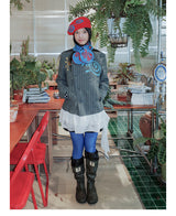 UnsocialNight original literary wool contrast colour フラワーアレンジメントプリントツイードジャケット detachableレースコート