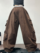 FLEECE/STRING TWO CARGO RIVET WIDE BALLOON LONG PANTS💚🤎🖤🩶4COLOR