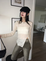 Lohil button slit ribbed see-through knit