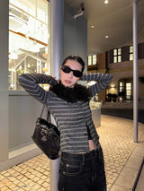 Black fur striped knit cardigan