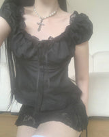 Yuka lace flare black blouse