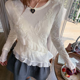 Silk Ruffle Hem Mix Mesh Flower Embroidery Top